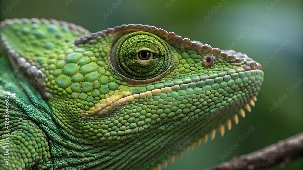 Fototapeta premium Chameleon's Intricate Gaze: A close-up shot of a vibrant green chameleon, its textured skin and expressive eye offering a captivating glimpse into the world of reptiles.