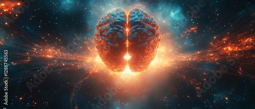 Human brain digital illustration, brain center glowing with abstract surrounding elements, futuristic design, glowing neural connections, ultrarealistic, 8K resolution