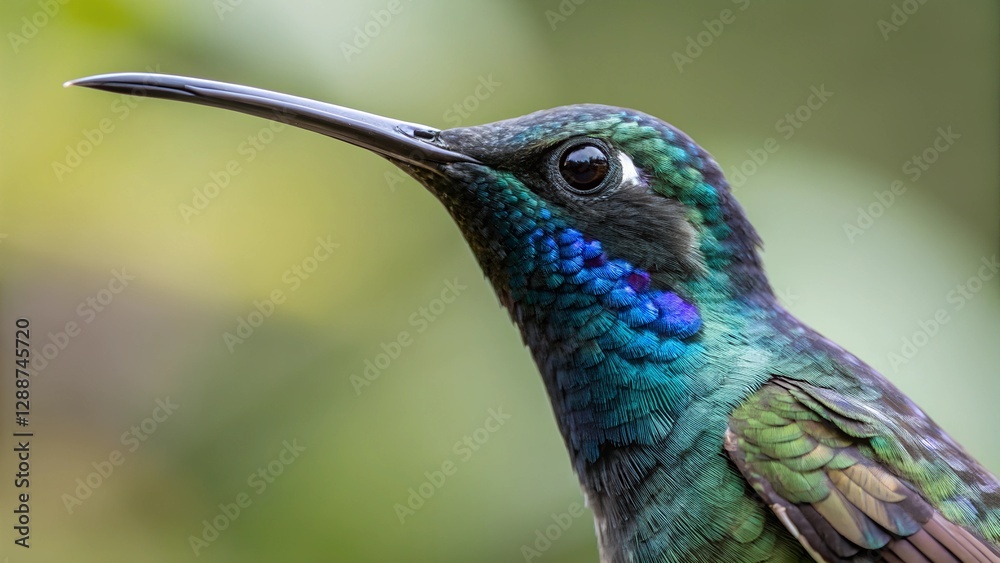 Fototapeta premium Jewel-Toned Hummingbird: A captivating macro shot highlights the vibrant plumage and intricate features of a hummingbird, showcasing the bird's exquisite details in a natural setting.