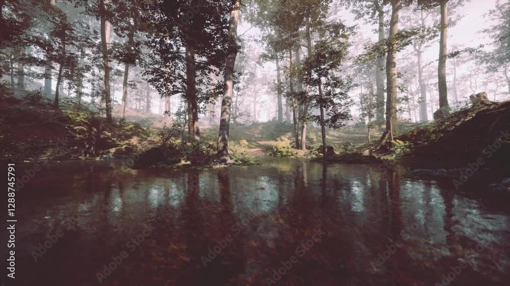 A tranquil forest scene features tall trees surrounded by mist, with a calm pond reflecting their silhouettes. The early morning light casts a soft glow on the lush greenery. A tranquil forest scene features tall trees surrounded by mist, with a calm pond reflecting their silhouettes. The early morning light casts a soft glow on the lush greenery.