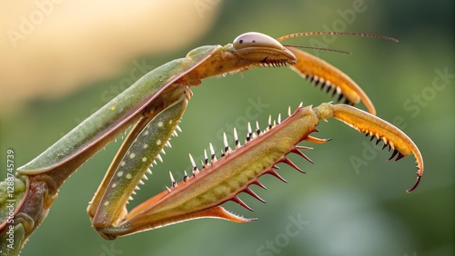 Praying Mantis Macro: A close-up macro shot captures the intricate details of a praying mantis, showcasing its formidable forelegs and raptorial claws, poised against a blurred natural backdrop.