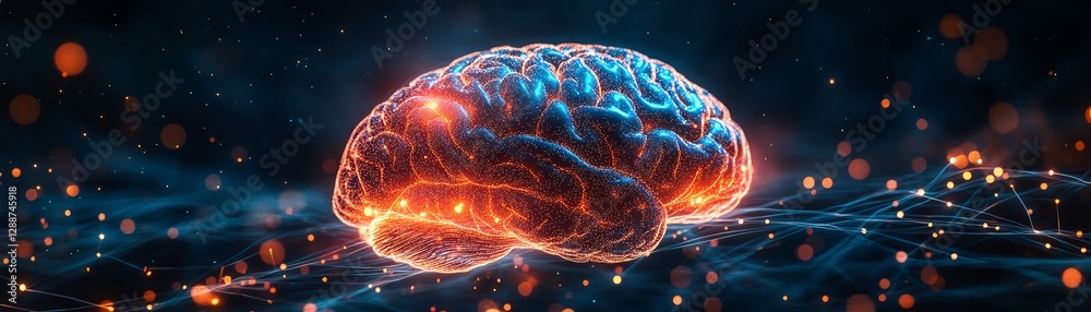 Human brain surrounded by abstract glowing elements, neural network design, brain center illuminated, digital illustration, vibrant and futuristic, ultrarealistic, 8K quality Human brain surrounded by abstract glowing elements, neural network design, brain center illuminated, digital illustration, vibrant and futuristic, ultrarealistic, 8K quality