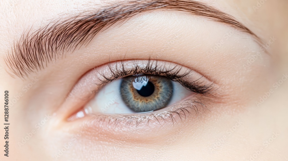 Obraz premium Macro close up of beautiful female green eye with extremely long eyelashes, perfect eyebrow and healthy skin is showing perfect vision and cosmetology