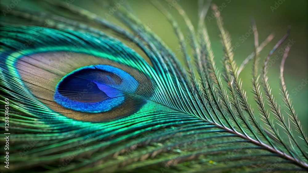 Obraz premium Peacock Feather's intricate beauty in close-up: A mesmerizing macro shot unveils the iridescent detail of a peacock feather, displaying vibrant hues and intricate patterns.