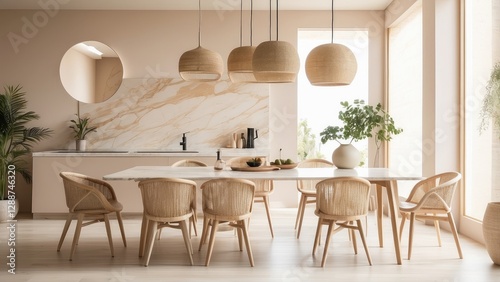 A well-lit dining room with large windows allowing natural light to ente