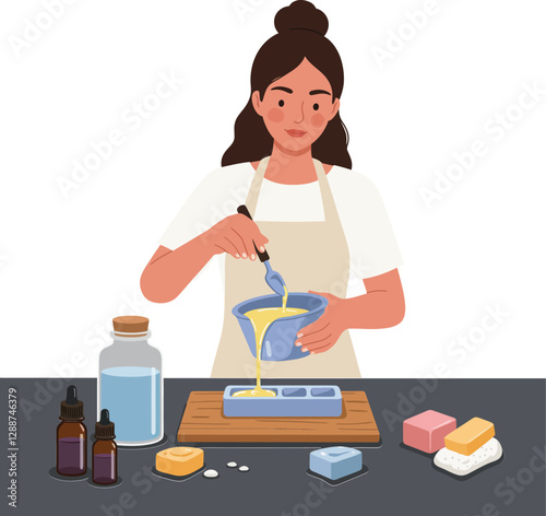 Woman mixing ingredients for soap making in flat vector illustration
