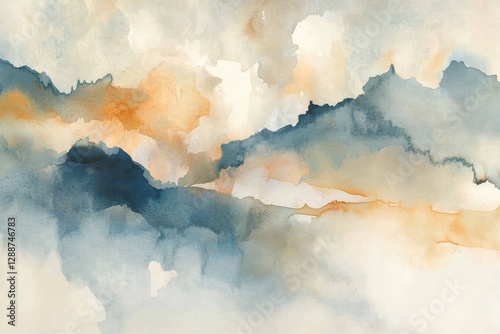 Abstract Gentle Watercolor Landscape in Soft Hues of Blue and Orange