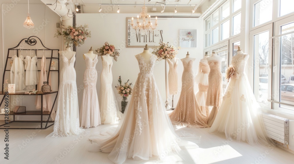 A collection of stunning wedding dresses showcases diverse styles and intricate designs in a well-lit bridal boutique A collection of stunning wedding dresses showcases diverse styles and intricate designs in a well-lit bridal boutique