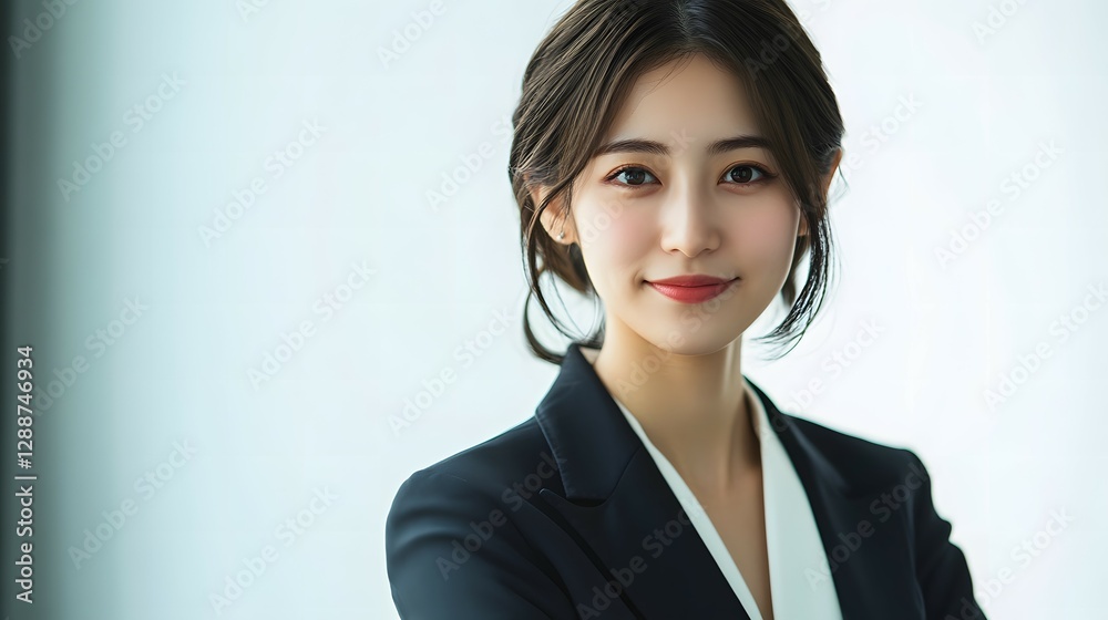 A young businesswoman stands in the office, smiling at the camera against a white background. The full-body shot is captured in natural light A young businesswoman stands in the office, smiling at the camera against a white background. The full-body shot is captured in natural light