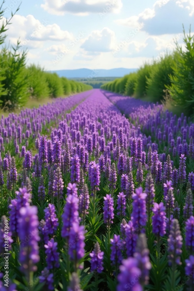 Fototapeta premium A field of purple flowers stretching out towards the horizon among tall bushes, field, nature, landscape