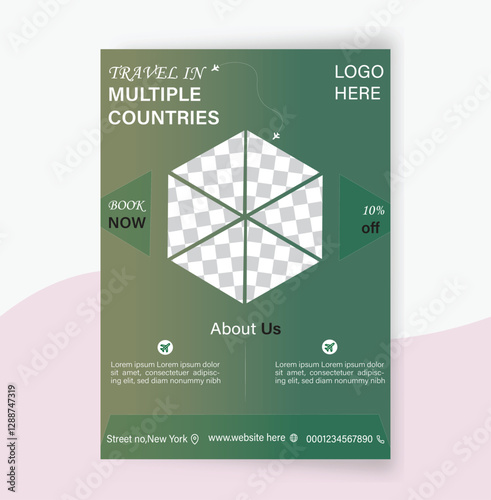 International aesthetic business and travel flayer with nature color theme featuring customizable logo international travel opportunity , corporate services, ideal for multinational promotions. 