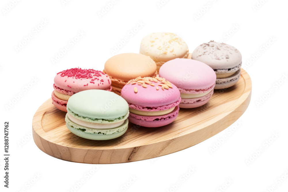 Fototapeta premium Mixed macaron cookies in bright and pastel hues placed on a wooden board, isolated on white background