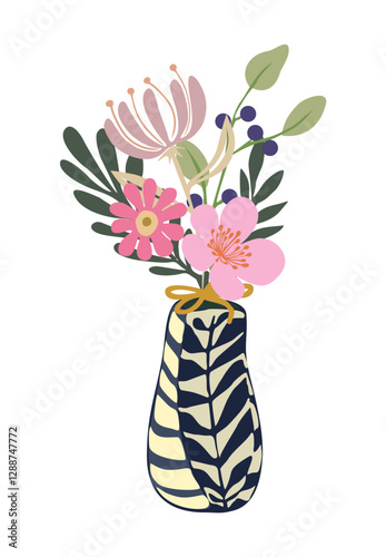 Gorgeous blooming flowers in vase isolated on white background. Wildflowers bouquet, decorative floral design element for cards, wall arts. Cartoon colorful vector illustration. Digital sticker.