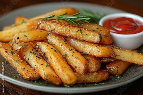 Crispy fries with rosemary and seasonings A tempting side dish paired with a vibrant red dipping sauce Perfect for snacking