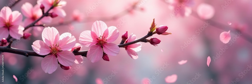 Obraz premium Soft pink sakura petals scattered on a tree branch, flowering branches, blossom colors