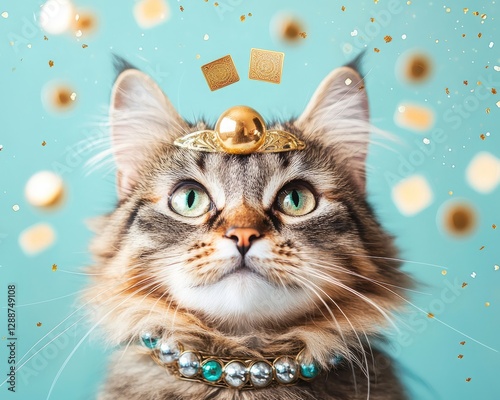 Pet festival custom. A charming cat adorned with a golden headpiece and necklace, gazes confidently against a colorful, celebratory backdrop.