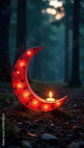 Candlelit crescent-shaped Christmas decorations in the woods, forestfireplace, moonlitwoods, candlelitdecorations photo