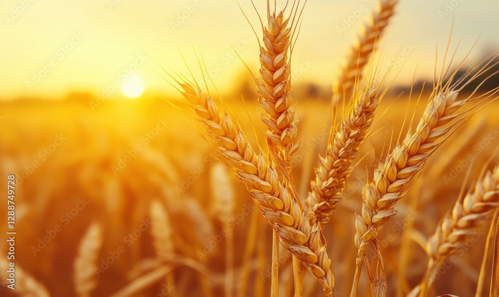 Golden wheat field at sunset, close-up for agriculture or food themes Golden wheat field at sunset, close-up for agriculture or food themes