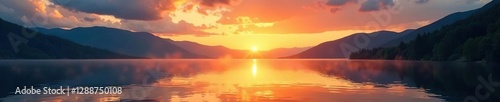 Sunset over lake surface at Hintersee Ramsau am Abend, clouds, golden, sky