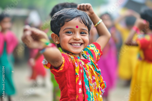 Bangladesh Girl smiling and dancing on a Childrens Day photo