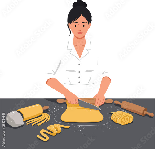 Woman preparing fresh pasta with rolling pin in flat vector illustration