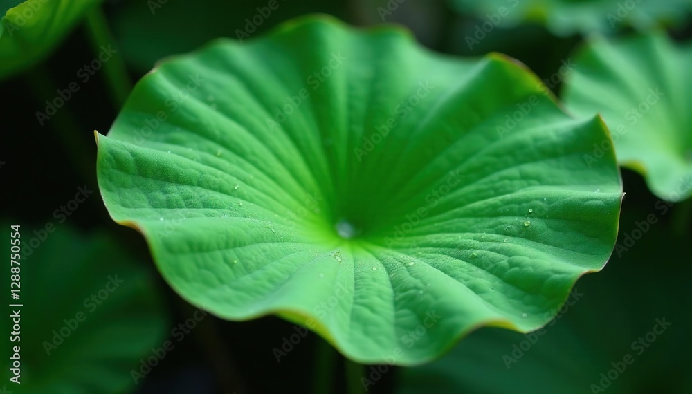 Fototapeta premium Delicate water lily leaf with intricate veins and dew drops, pond life, green leaves, lotus