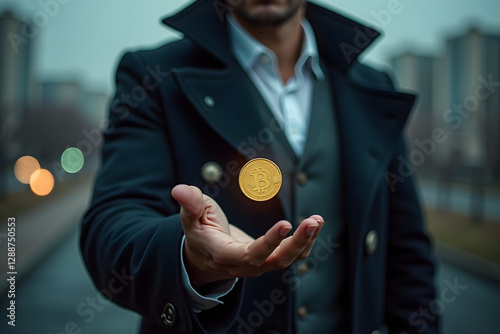 A man in a stylish coat tosses a gold bitcoin coin in the air, projecting confidence and ambition against a blurred urban backdrop