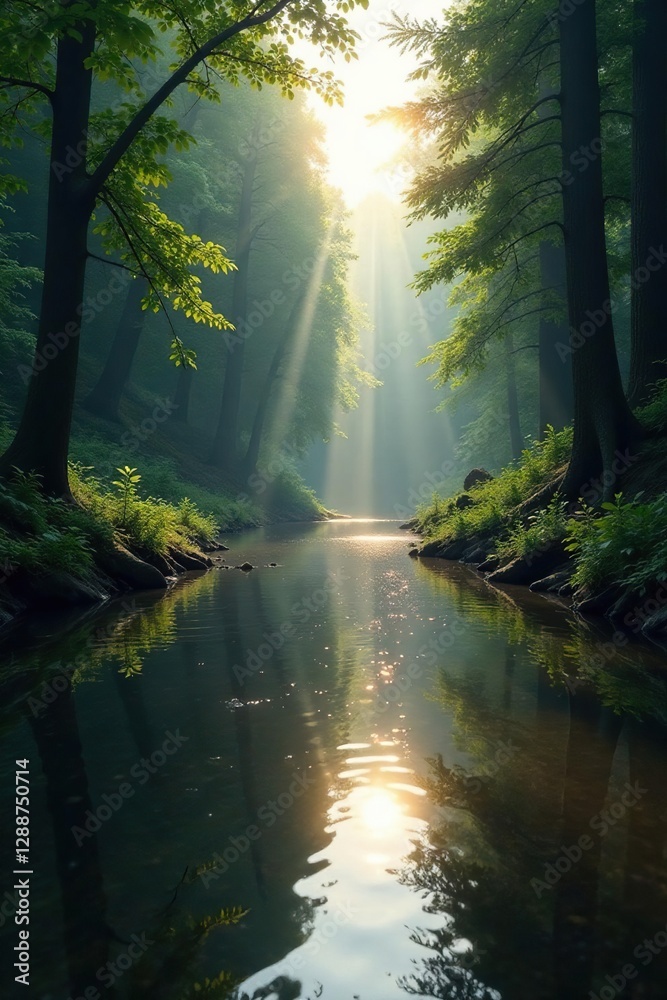 Obraz premium Forest river with shimmering light on calm water surface, surface, shimmer