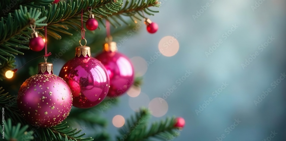 Fototapeta premium Pink glass ornaments hanging on a Christmas wreath, pink glass ornaments, decorations, holiday