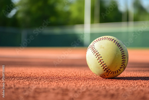 Close-Up of a Yellow Softball on a Baseball Field photo