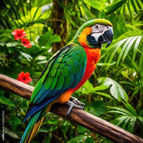 A colorful parrot with vibrant green, yellow, and red feathers perched on a wooden stick 2