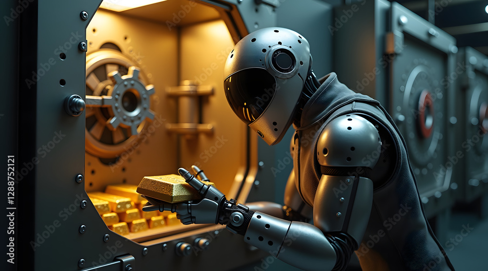 Fototapeta premium A robot in a high-tech vault carefully examines a gold bar, surrounded by secure lockers and glowing lights, reflecting a futuristic atmosphere