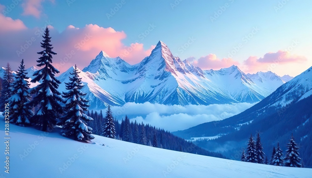 Fototapeta premium Silhouetted trees against a snowy mountain range, snowy mountains, silhouetted trees