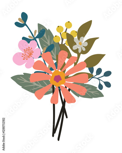 Beautiful bouquet with garden and wild flowers. Various blooming plants with stems and leaves. Cartoon colorful vector illustration isolated