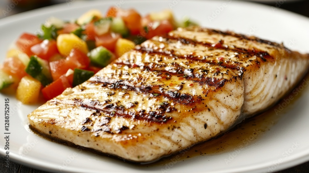 Grilled Salmon Fillet with Fresh Vegetable Salsa on a Plate Grilled Salmon Fillet with Fresh Vegetable Salsa on a Plate