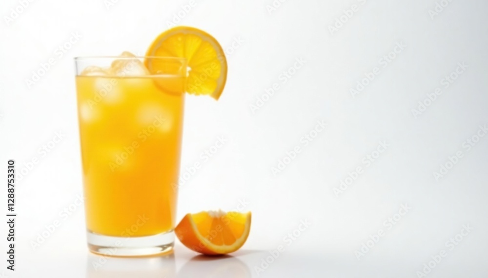 White background with a glass of fresh orange juice and ice cubes, empty, still White background with a glass of fresh orange juice and ice cubes, empty, still