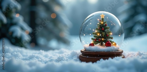 Miniature Christmas decorations inside a snow-covered forest, miniature christmas tree, frosty glass globe, tiny decorations