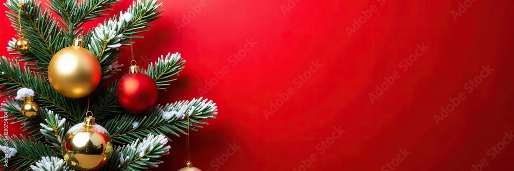 Fototapeta premium Snowy pine branches with golden ornaments against a bright red background, snowy, decorations, pine