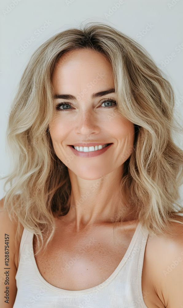 Portrait of a naturally beautiful woman with blonde wavy hair radiating with self-assurance Portrait of a naturally beautiful woman with blonde wavy hair radiating with self-assurance