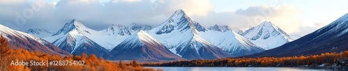 Snowy peaks of Chugach mountains with golden hues of autumn foliage, mountain range, winter landscape, snow photo