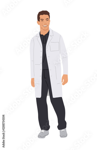 Male doctor character. Smiling doctor, paramedic. Medic worker standing in uniform and white coat. Flat cartoon realistic vector illustration isolated