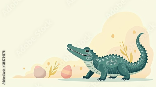 Cute pastel animal easter egg scene with a crocodile minimal page design soft background photo
