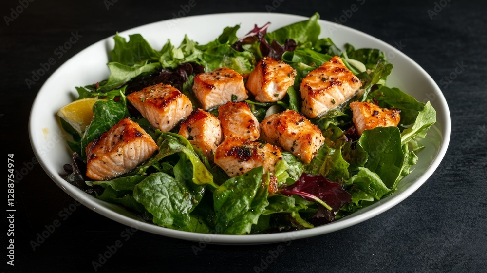 Grilled Salmon Fillet on Fresh Greens with Lemon Wedge and Herbs Grilled Salmon Fillet on Fresh Greens with Lemon Wedge and Herbs
