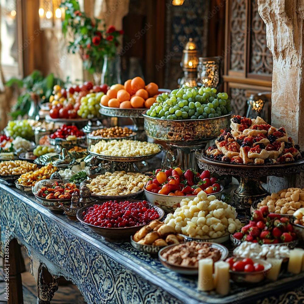 Obraz premium An elegant Iftar spread featuring traditional dishes, fruits, and sweets arranged artistically on a decorative tablecloth with Islamic motifs