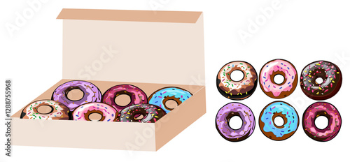 Donuts glazed with colorful sugar, chocolate icing, topped with sprinkles lying in carton box. Doughnut Sweet sugar confectionery or dessert. Vector illustration isolated