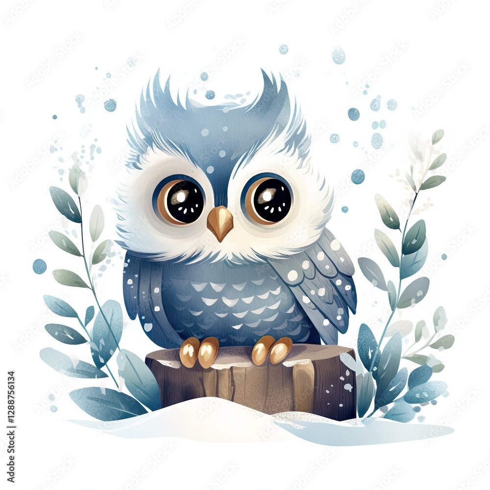 Obraz premium Cute winter owl illustration with blue watercolor foliage and snow. Baby forest animal cartoon character for nursery art, children books and greeting cards design with copy space