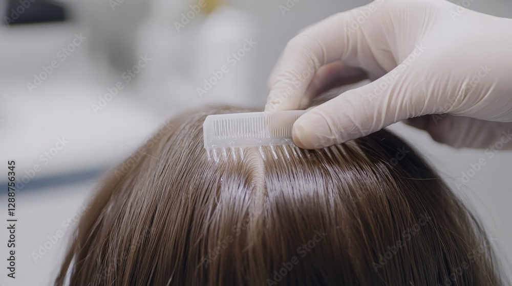 Fototapeta premium Hair restoration procedure in a contemporary beauty clinic. Featuring rejuvenating treatments and expert care