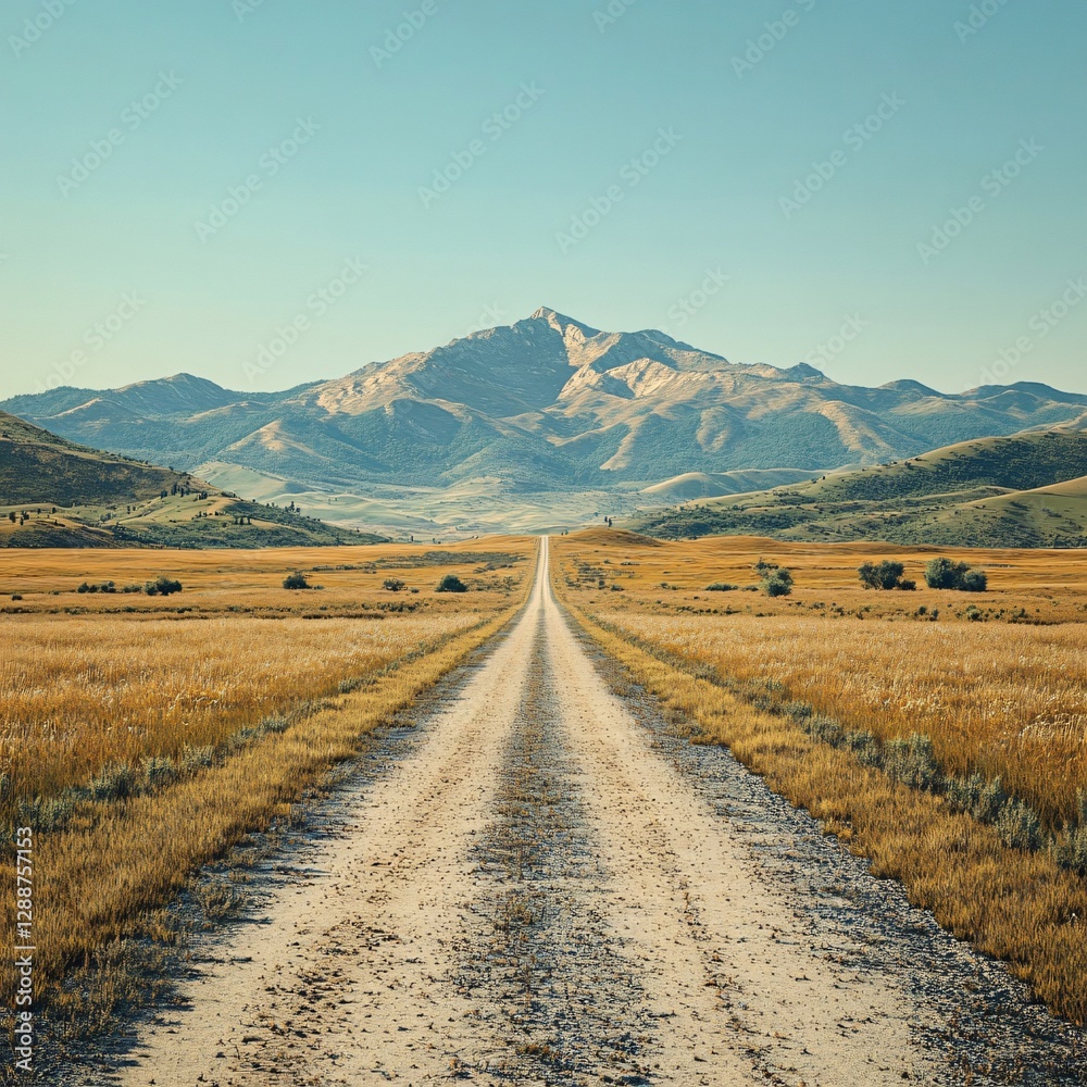 Empty road leading to the horizon, surrounded by fields and mountains, minimalist style, pastel tones, atmosphere of freedom and travel Empty road leading to the horizon, surrounded by fields and mountains, minimalist style, pastel tones, atmosphere of freedom and travel