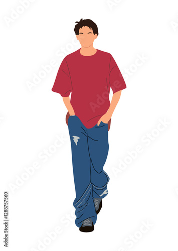 Stylish man in street fashion outfit. Young guy wearing trendy modern casual clothes, jeans, red t-shirt and sneakers. Vector realistic illustration isolated 