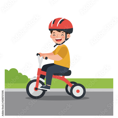 Happy child riding a tricycle in a flat, colorful vector illustration